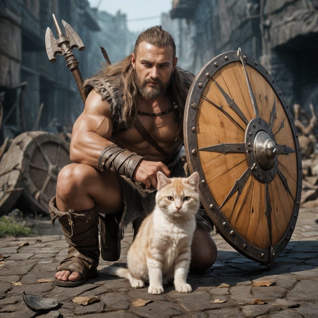 Heroic Barbarian Safeguards Feline Companion Amidst Arrows