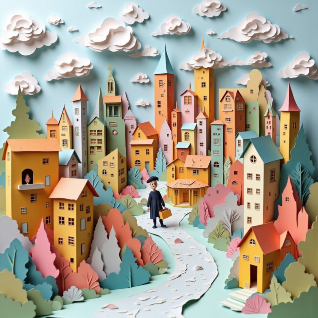 Whimsical Paper Girl in Miniature City Diorama