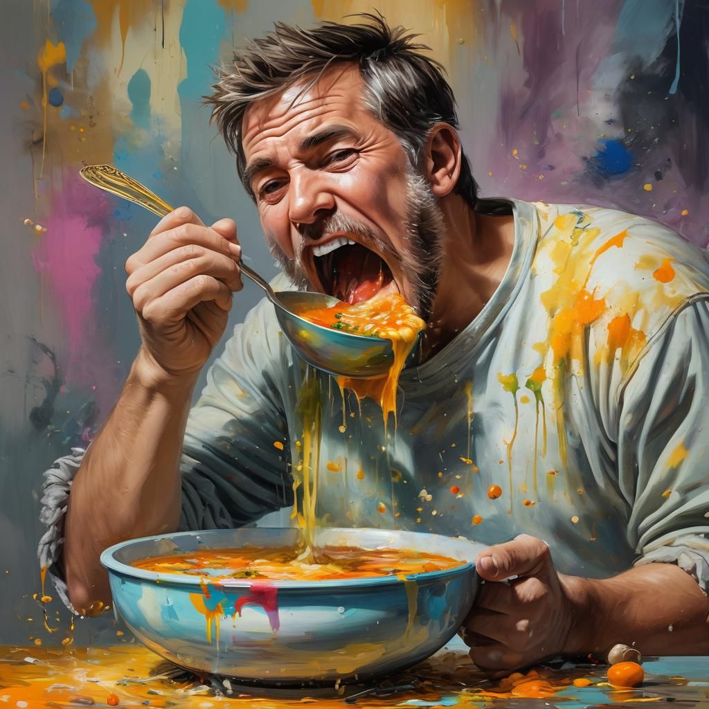 Expressive Oil Painting of Man Tasting Soup
