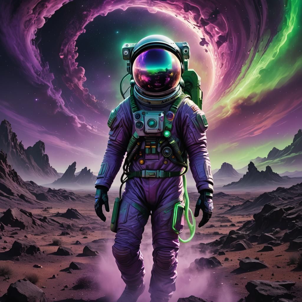 Astronaut in Alien Landscape with Glowing Portal