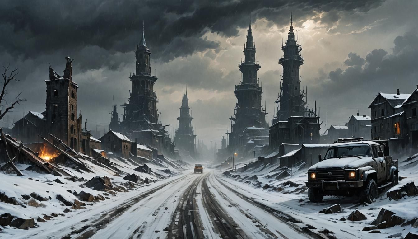 Grimdark Post-Apocalyptic Landscape with Tower in the Distan...