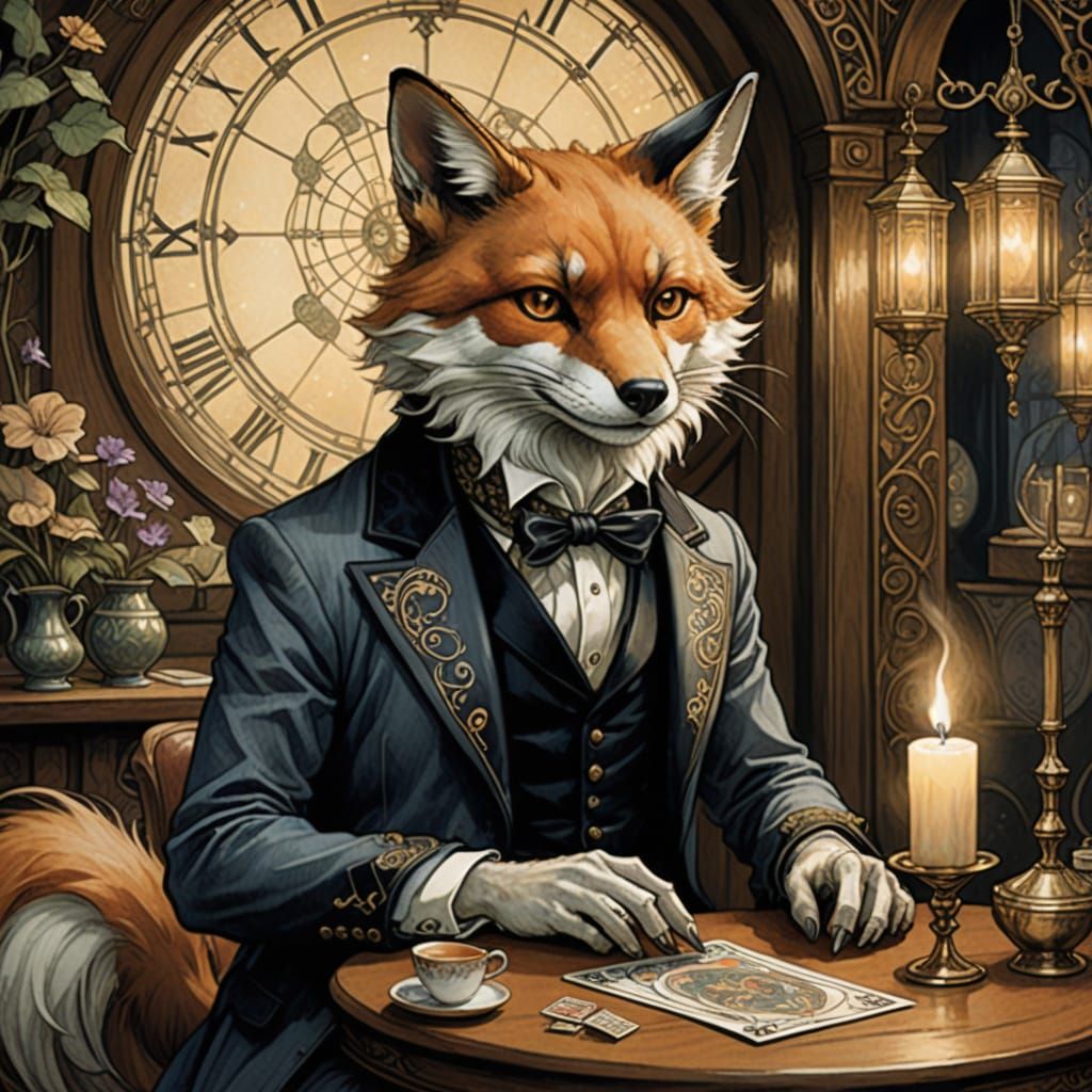Mystical Kitsune Fortune Teller in Smoky Speakeasy