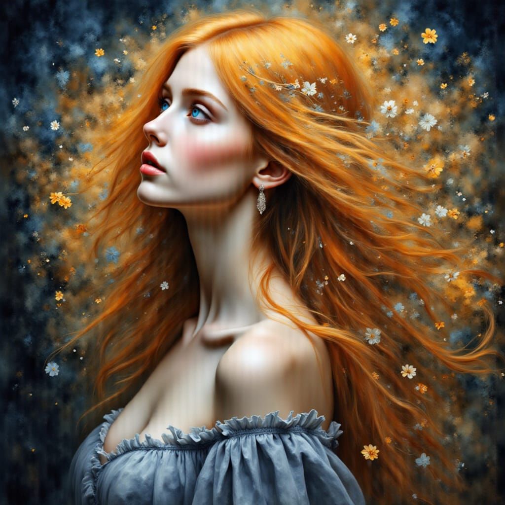 A beautiful woman's head and face in a profile aspect.  She has long golden  hair.  She has a garden scene overlayed wit...