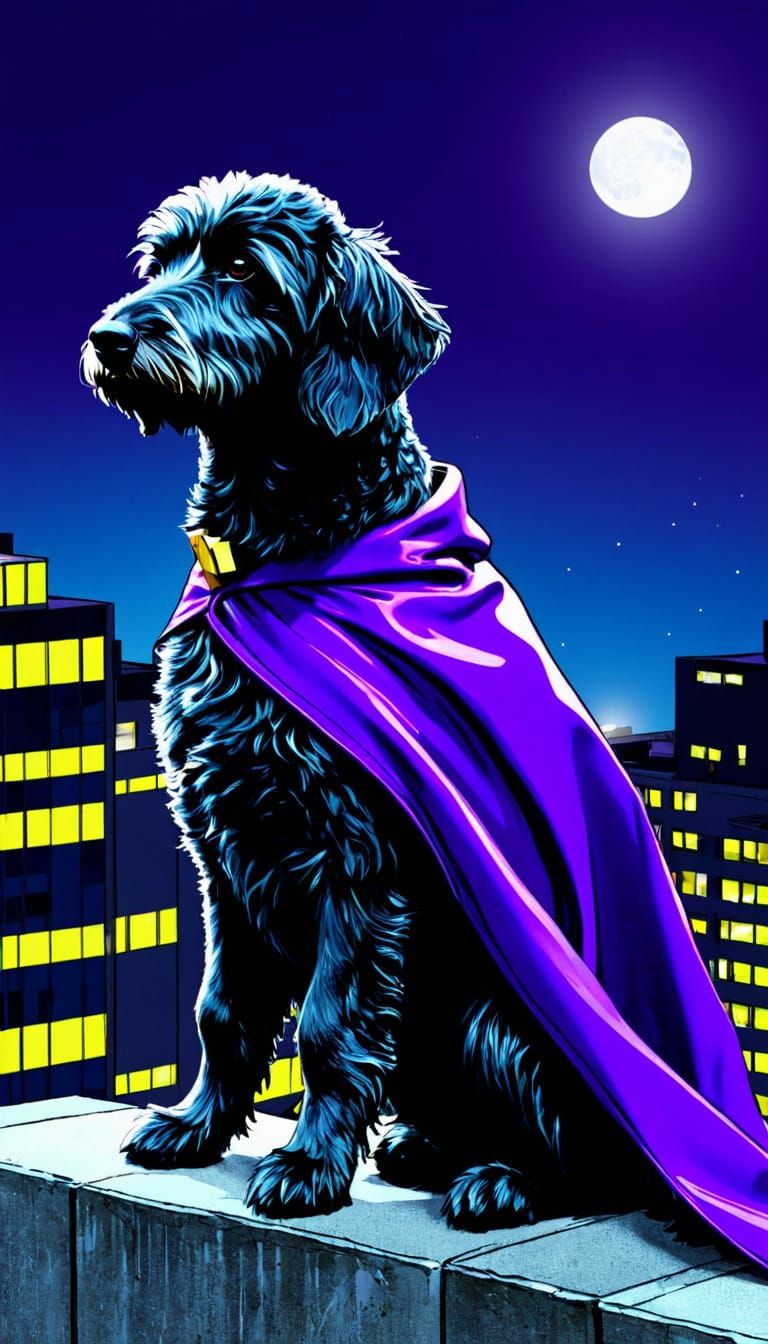 Superhero Dog Guarding City in Comic Book Style