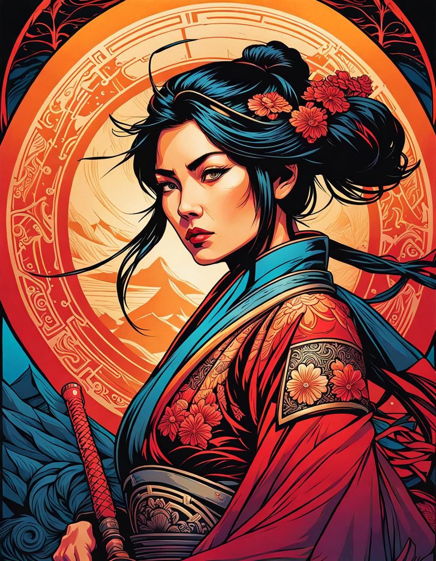 Female Samurai Warrior in Art Nouveau Style