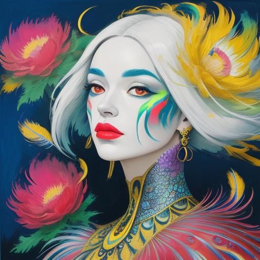 Abstract Expressionist Woman with Peacock and Feathers