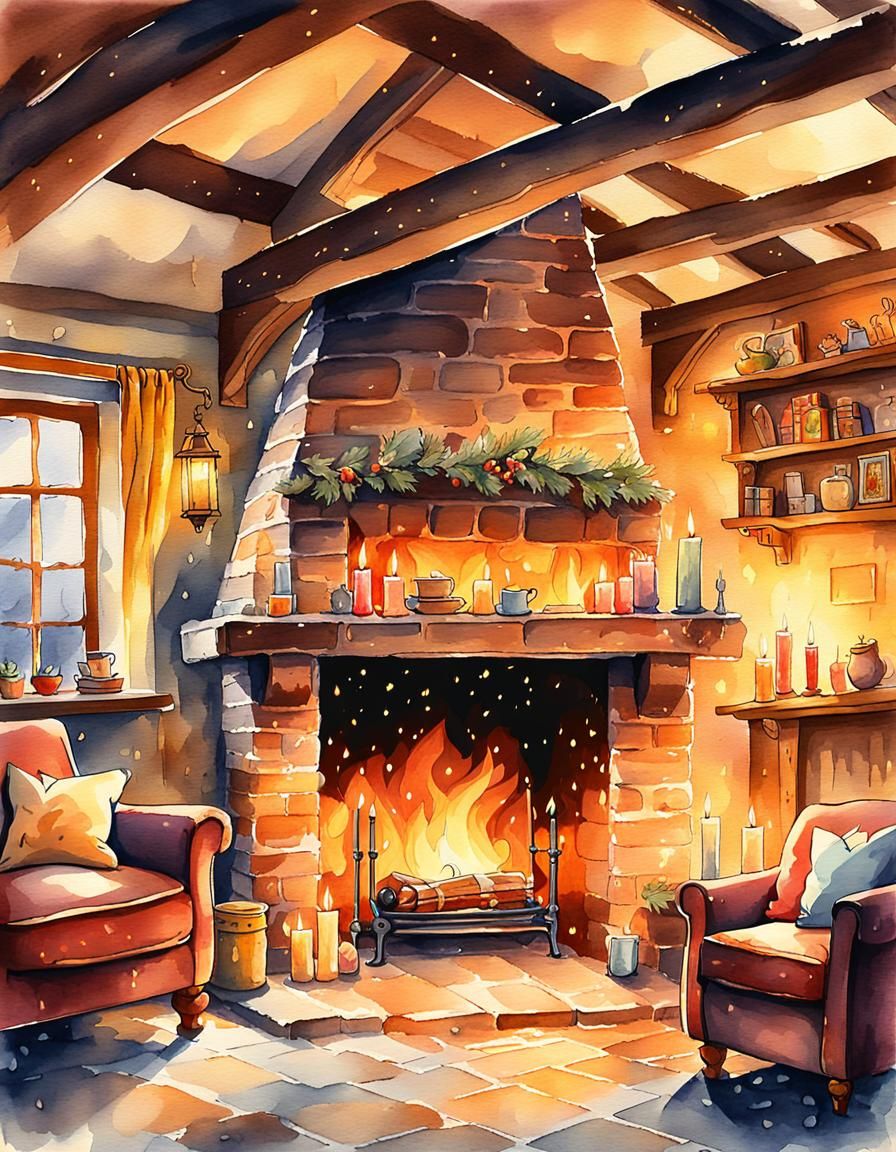Cozy English Farmhouse Inglenook Fireplace in Watercolor