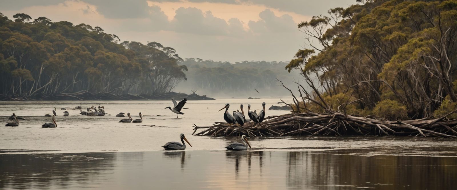 Abstract Seascape with Pelicans in Earthy Tones