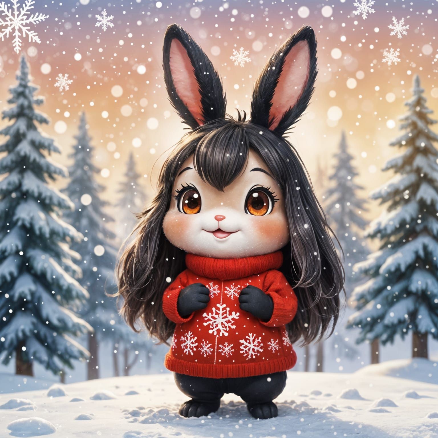 Smiling Black Bunny Celebrates Christmas in Chibi Style