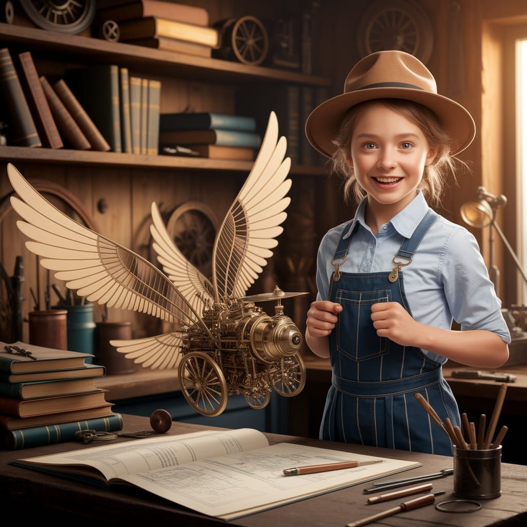 Young Inventor Stands Proud Beside Her Flying Machine
