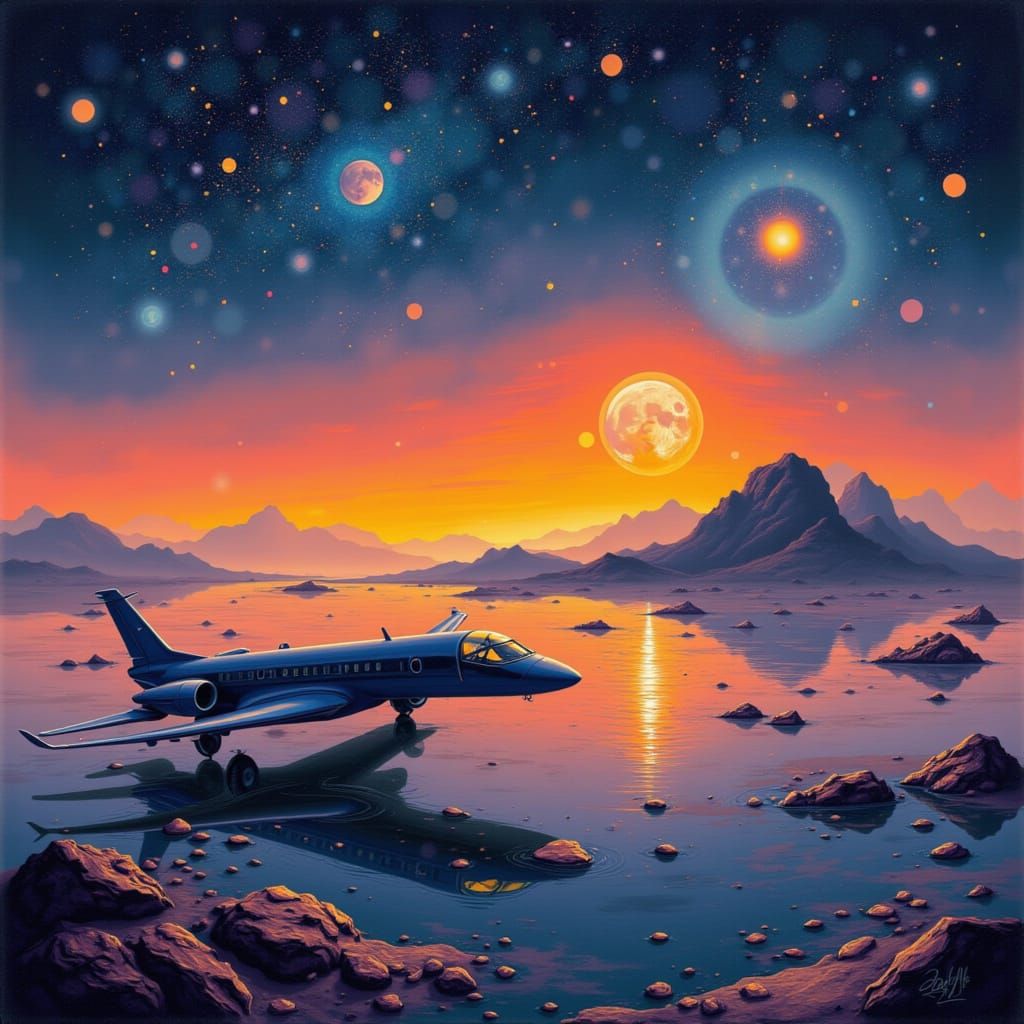 Futuristic Airplane on Distant Planet in Dreamlike Style