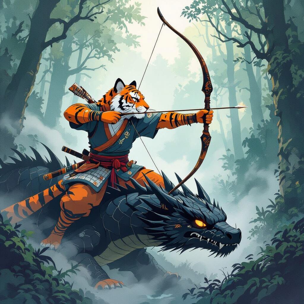 Tiger Samurai on Dragon in Mystical Forest