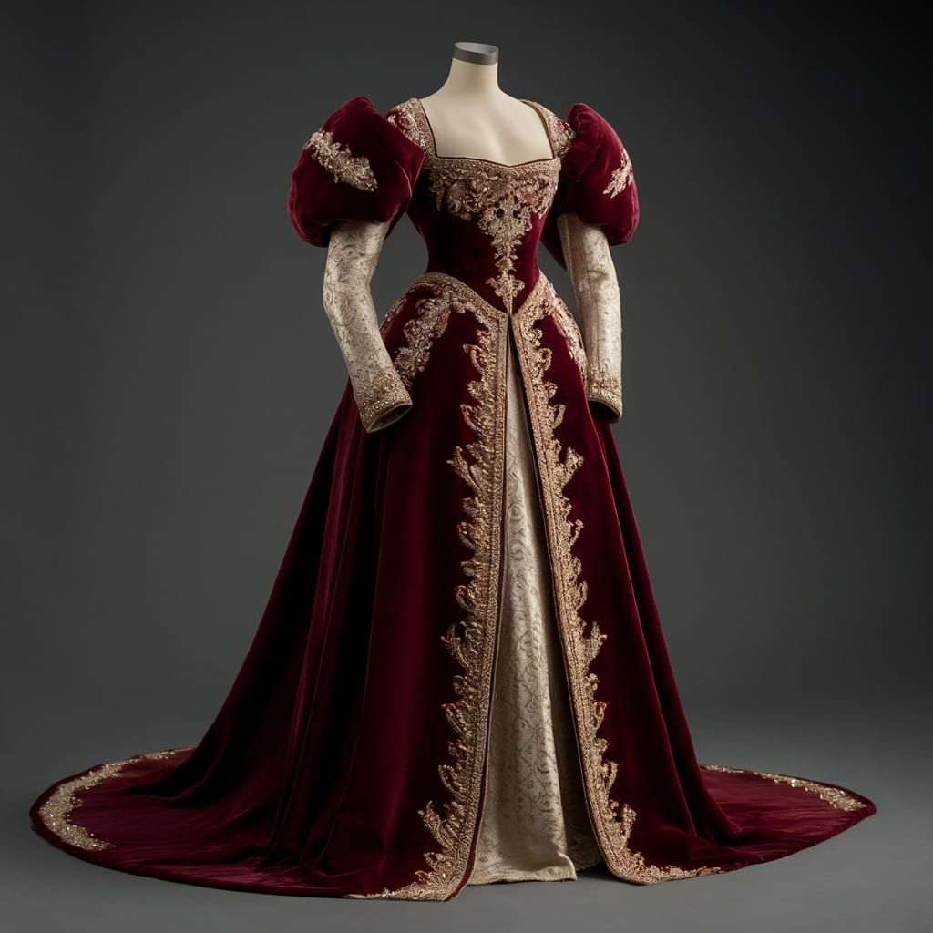 Medieval Kievan Rus Princess Gown in Wine Red with Gold Embr...