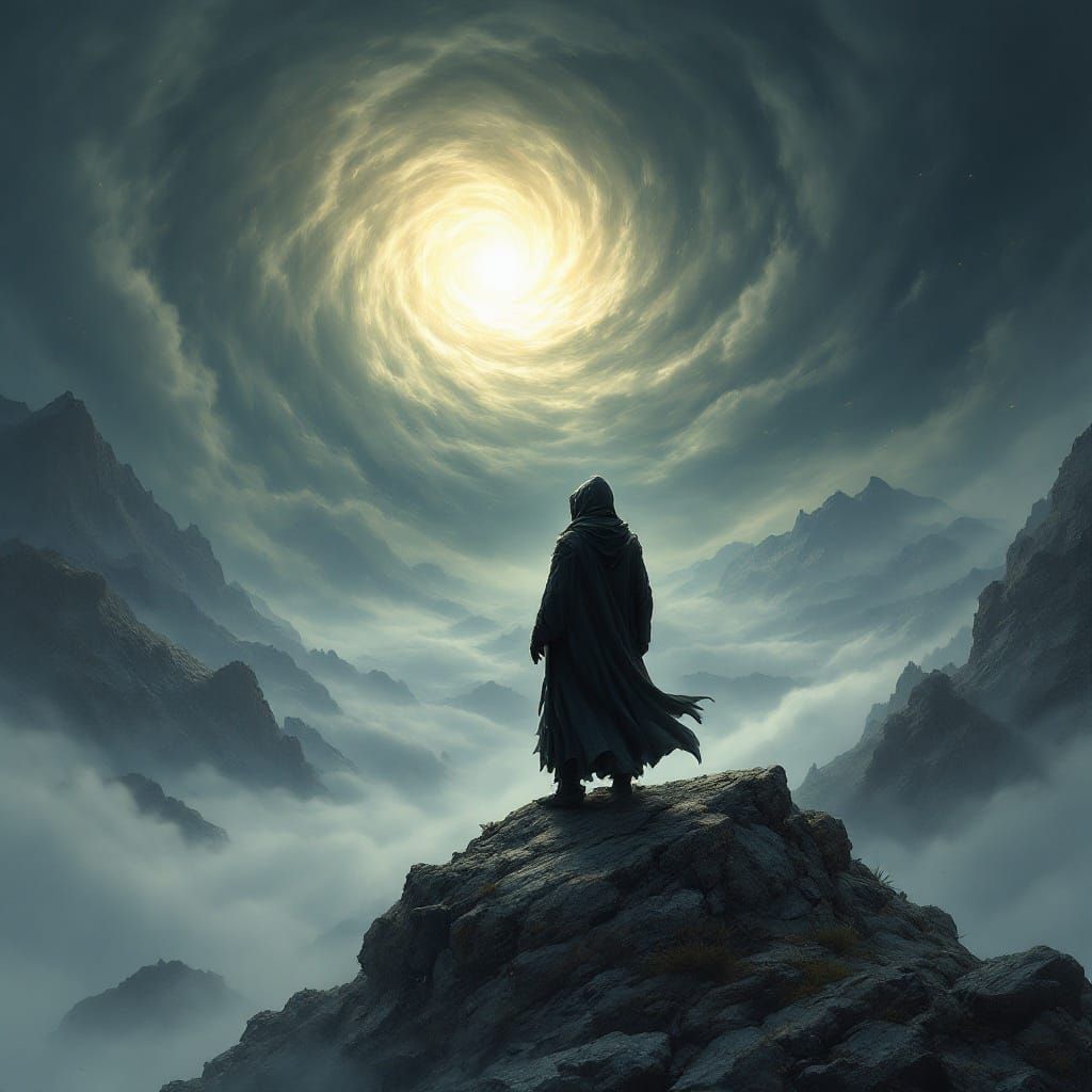 Mystic Shadowmancer Amidst Whirlwind Landscape