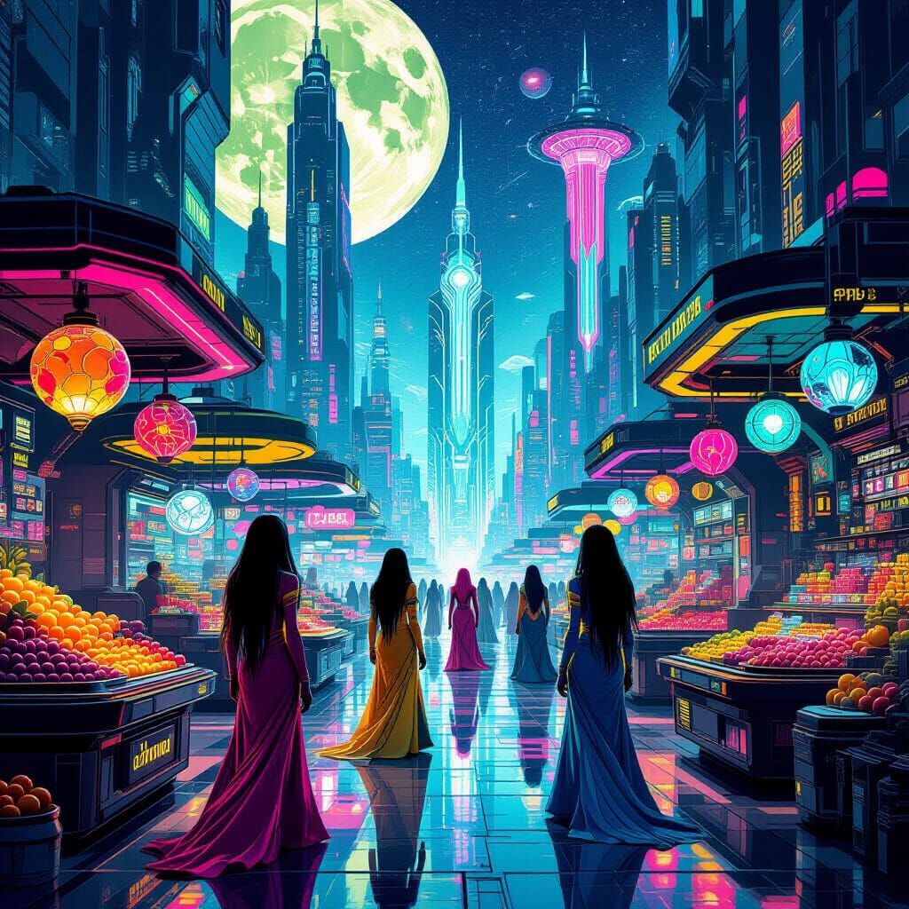 Futuristic Alien Marketplace with Long-Haired Beings
