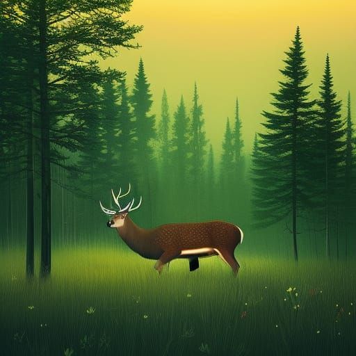Deer Grazing in Forest Meadow, Digital Illustration