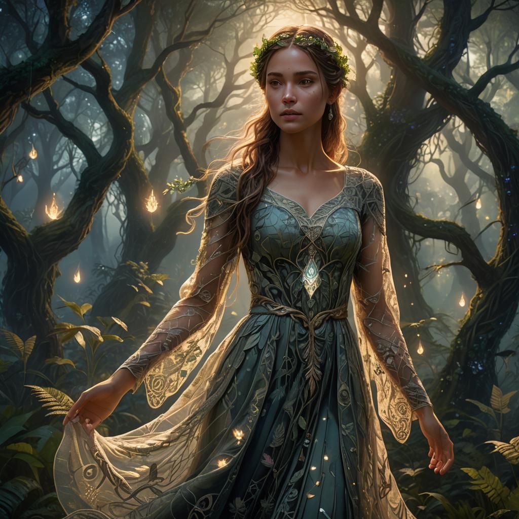 Enchanted Girl in Mystical Forest, Art Nouveau Style