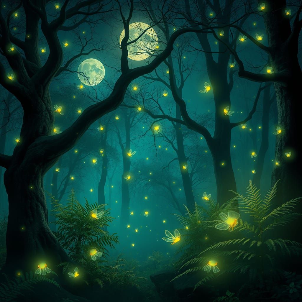 Magical Firefly Swarm in Misty Moonlit Forest