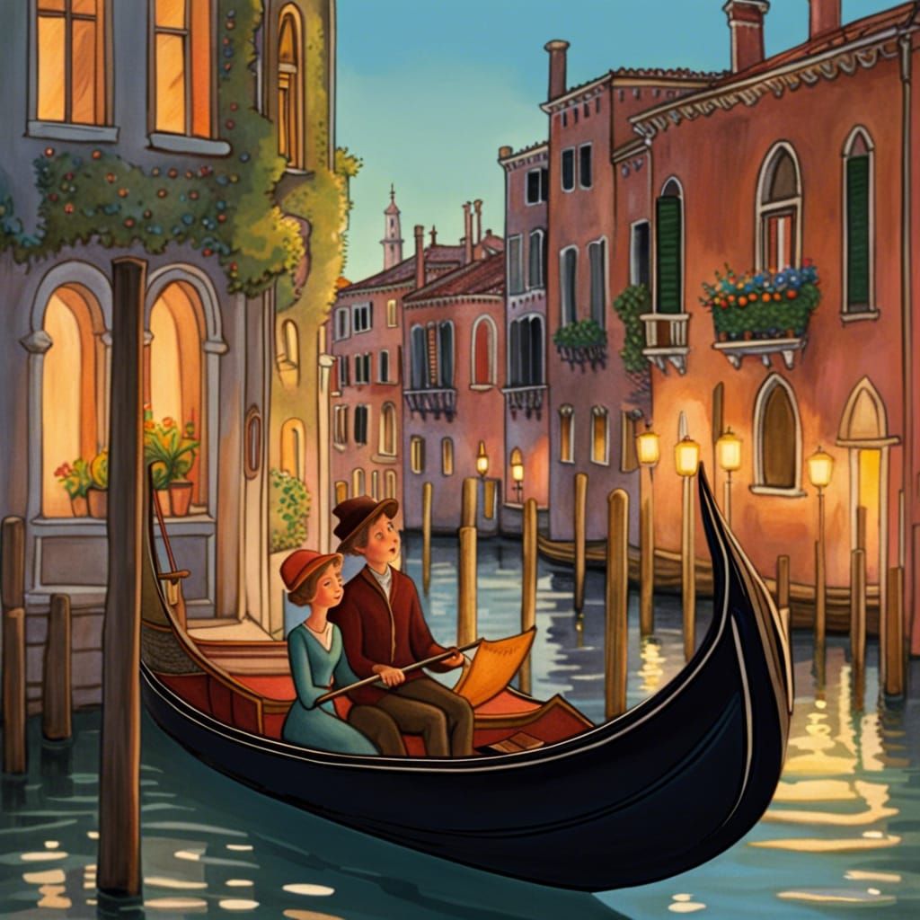 Venice Gondola Ride Illustration in Storybook Style