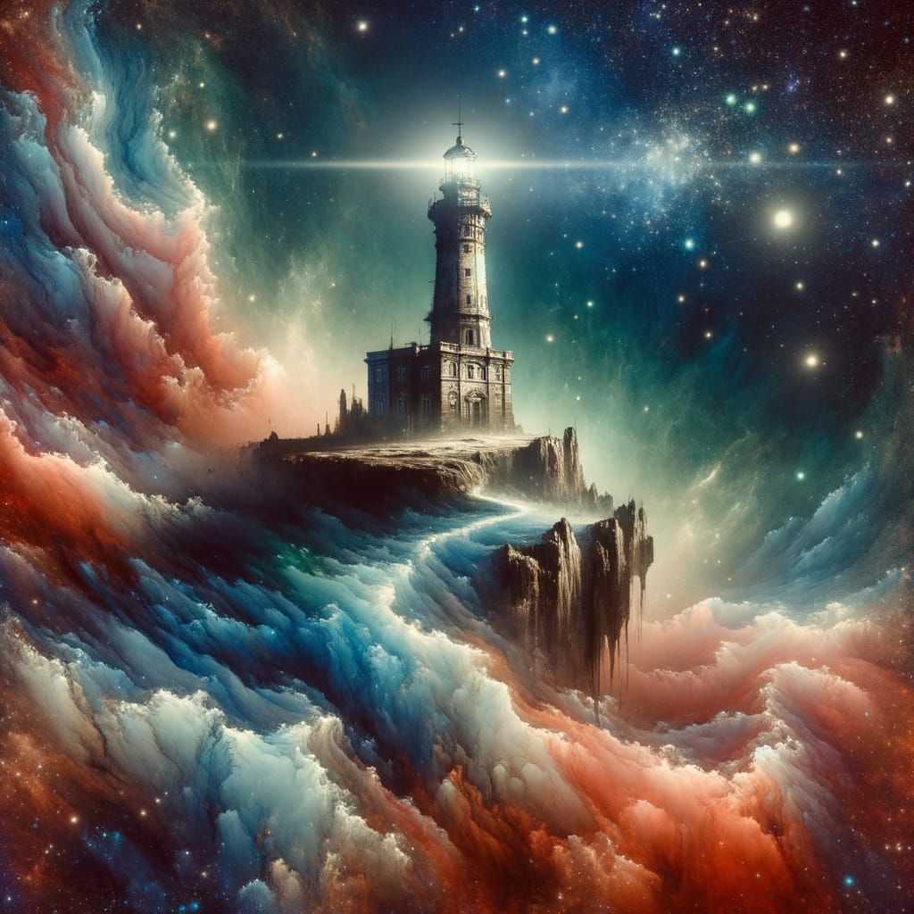 Cosmic Lighthouse in Metamodern Alcohol Ink Style