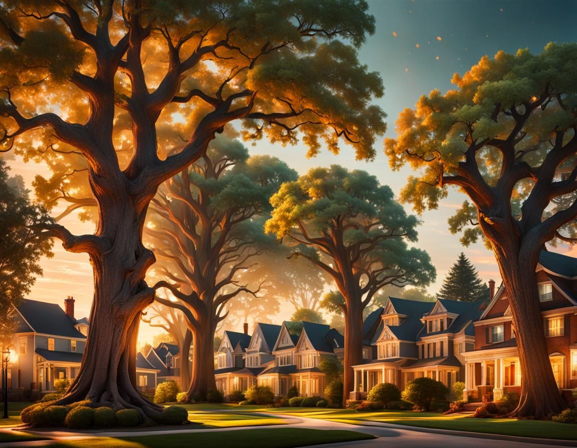 Ancient Trees Towering Over Suburbia at Magic Hour