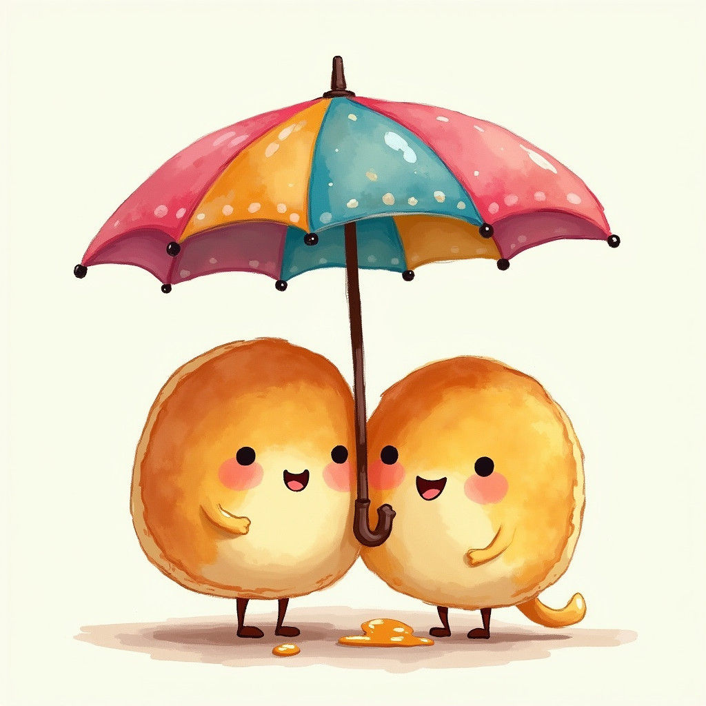 Whimsical Smiling Pancakes Under a Colorful Umbrella