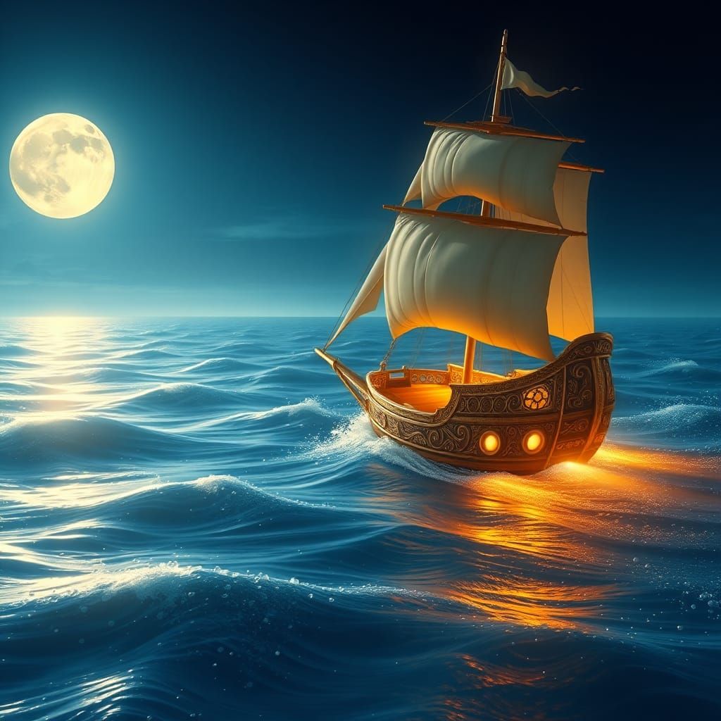 Golden Ship Glides on Moonlit Sea