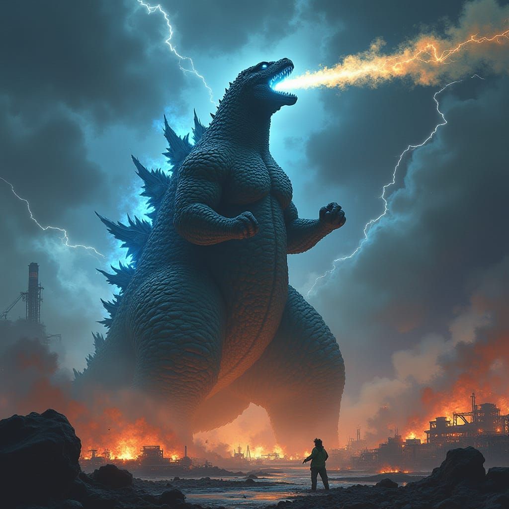 Atomic Blue Godzilla Unleashes Fury on Futuristic Cityscape