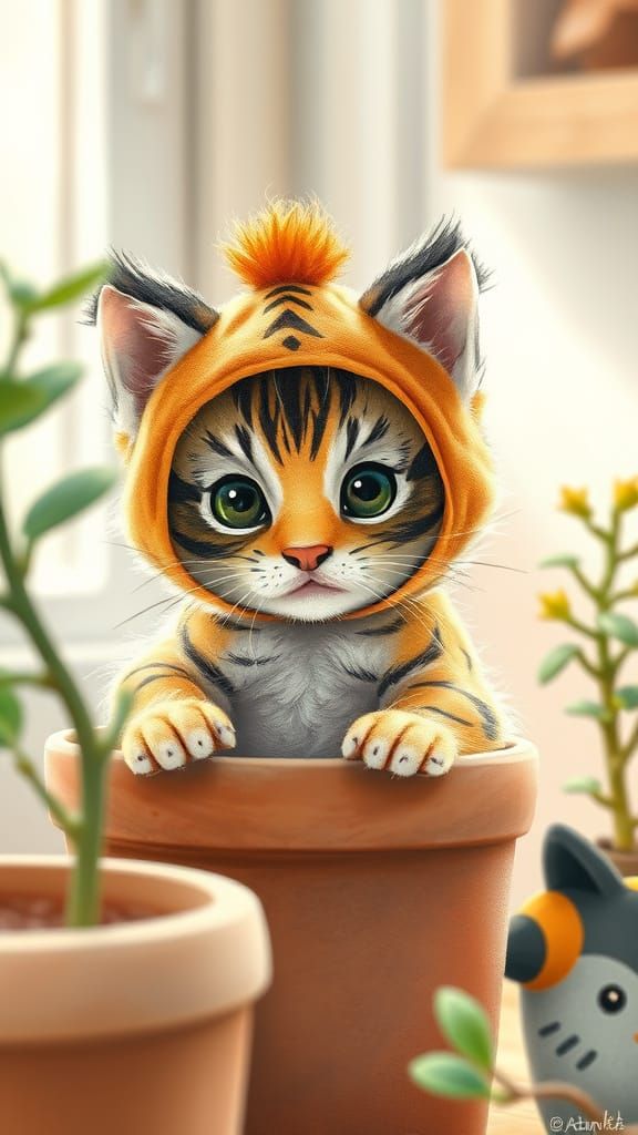 Fluffy Kitten in Tiger Costume Peeking from Plant