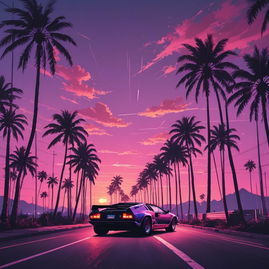 Synthwave Sunset with Countach and Palm Trees
