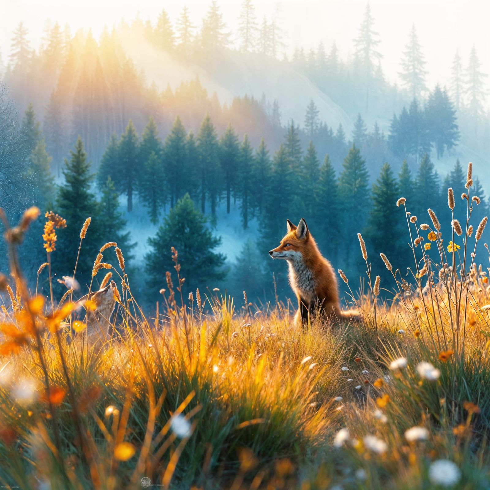 Red Fox in Autumn Snow, Watercolor Splash Art