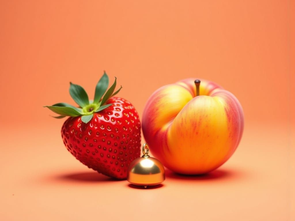 Photorealistic Strawberry and Peach with Brass Bell