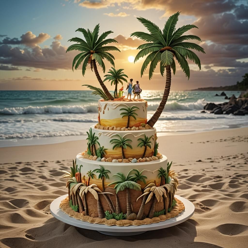 Palm Tree Cake at Sunrise: Hyperrealistic 3D Render