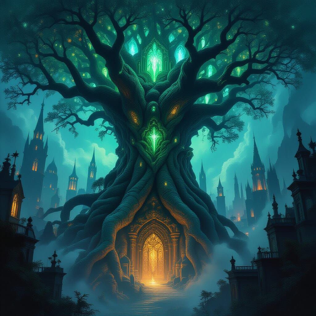 Dark Fantasy City Carved Into Ancient Tree