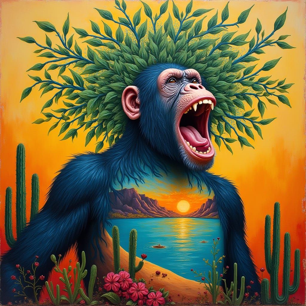 Mother Nature as a Roaring Chimpanzee in Vibrant Fresco Styl...