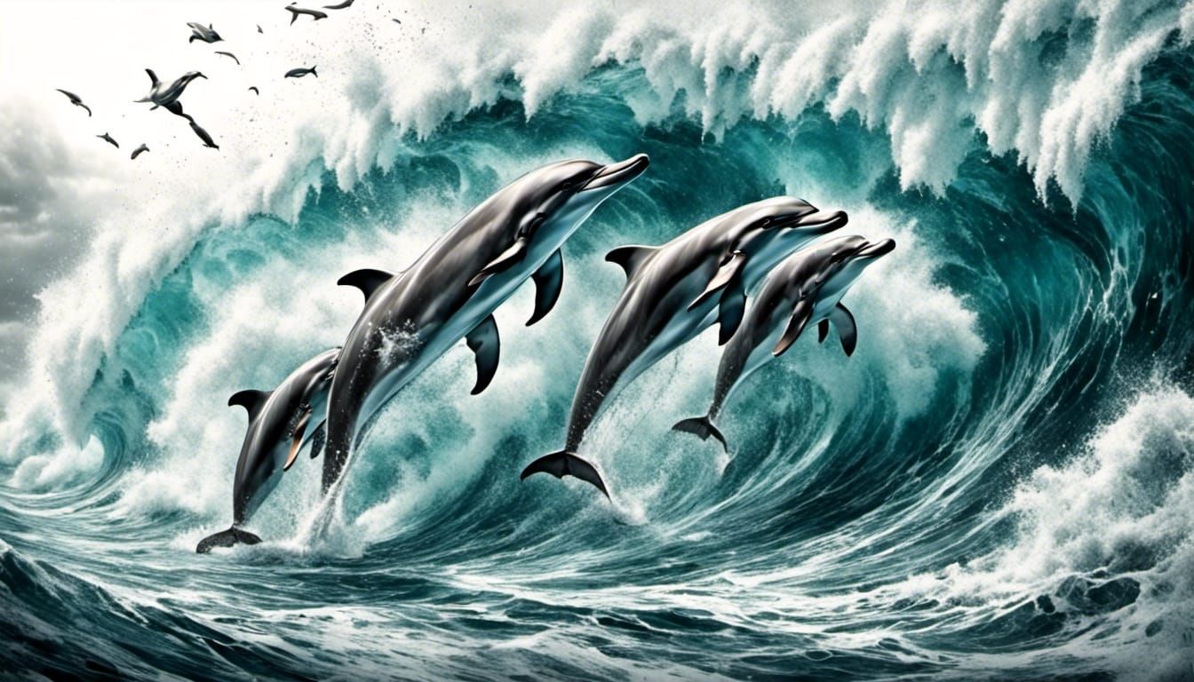 Detailed Coloring Book Art: Dolphins in Ocean Waves