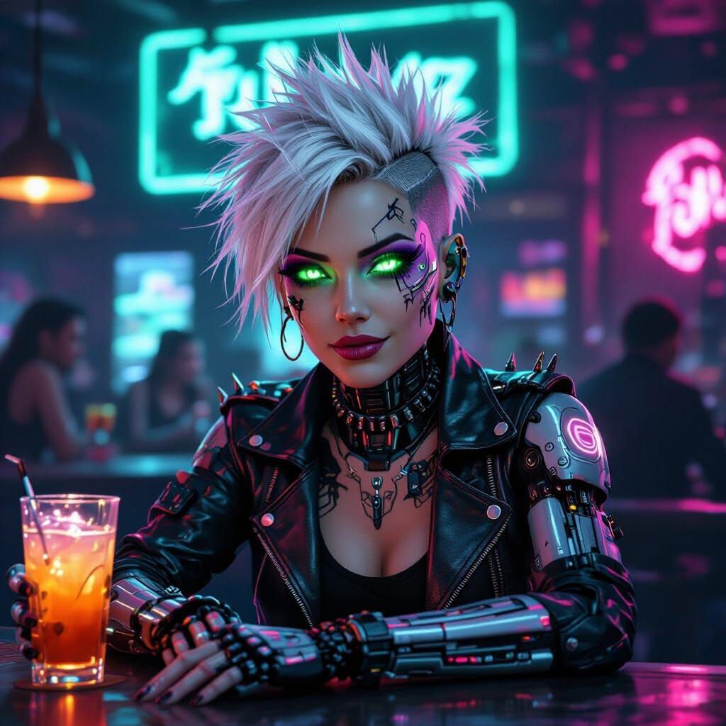 Cyborg Punk Woman in Neon Cyberpunk Bar with Troll Bouncer
