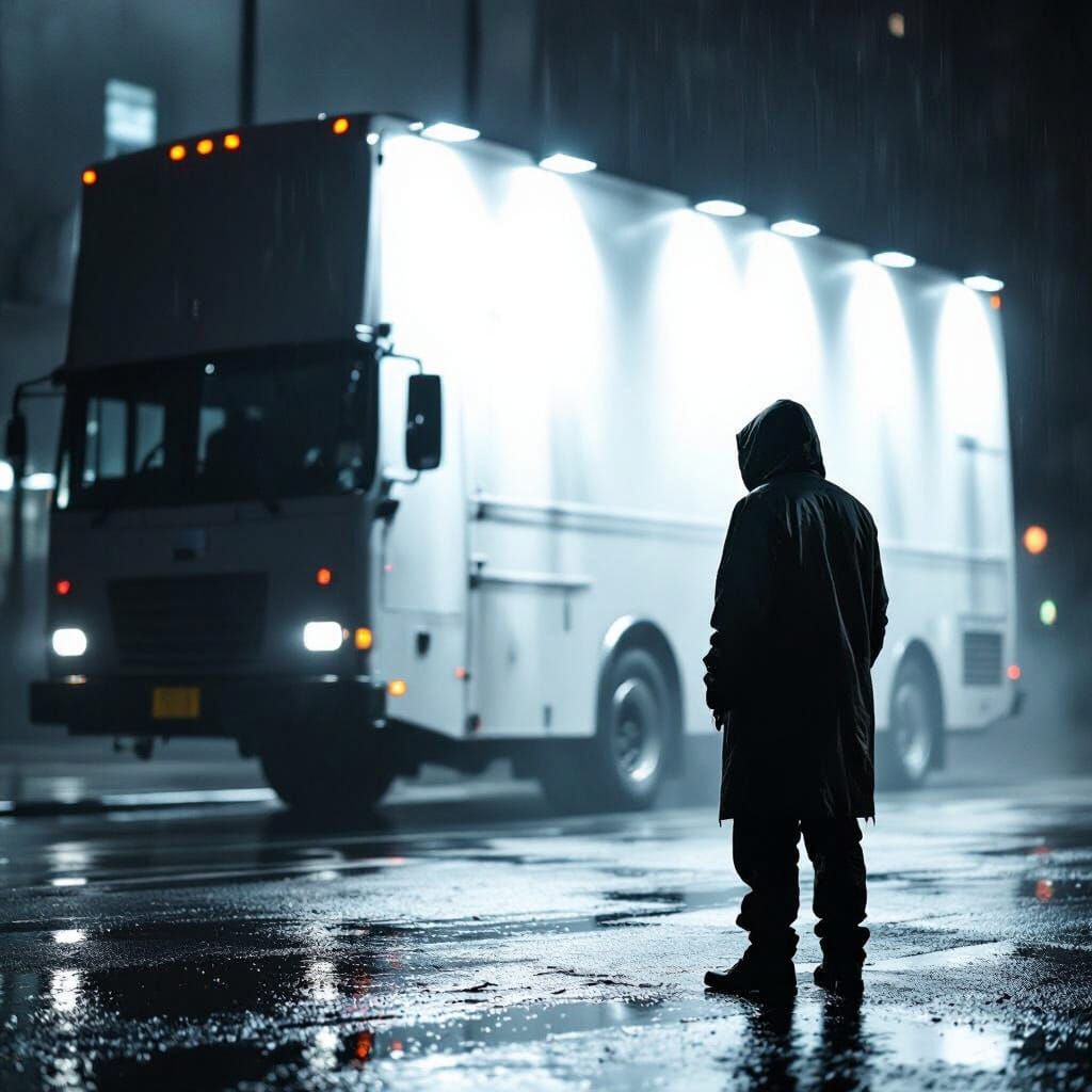 Defiant Protestor in Rain-Slicked Cityscape