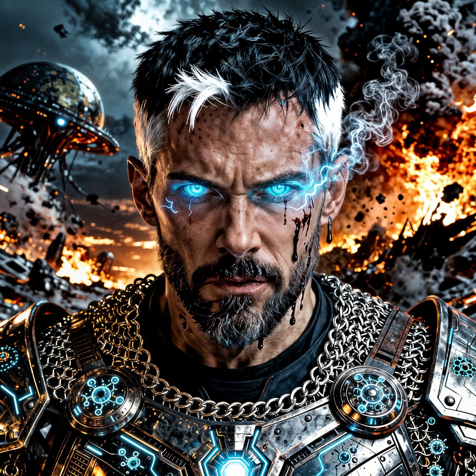 Furious Warrior with Glowing Eyes in Chaotic World