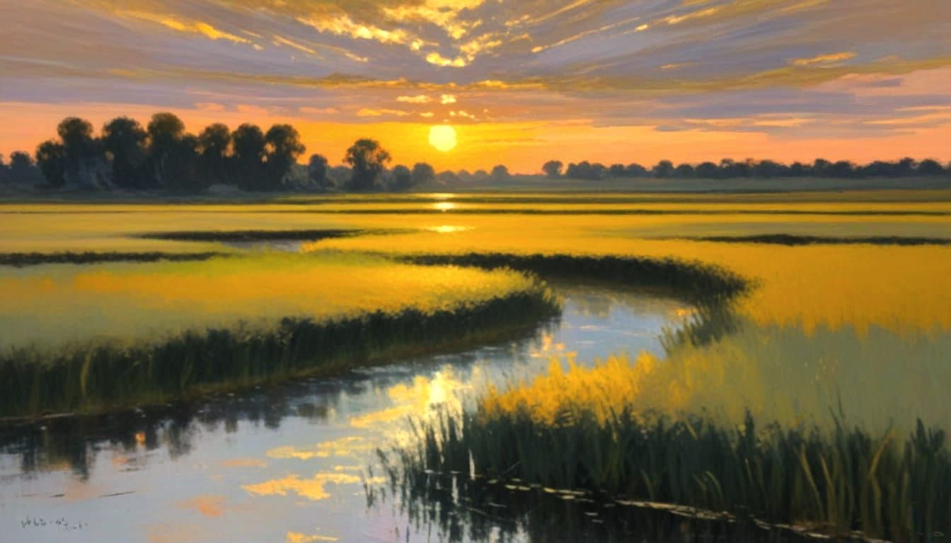 Monet-Style Wetlands Sunset With Heavy Impasto