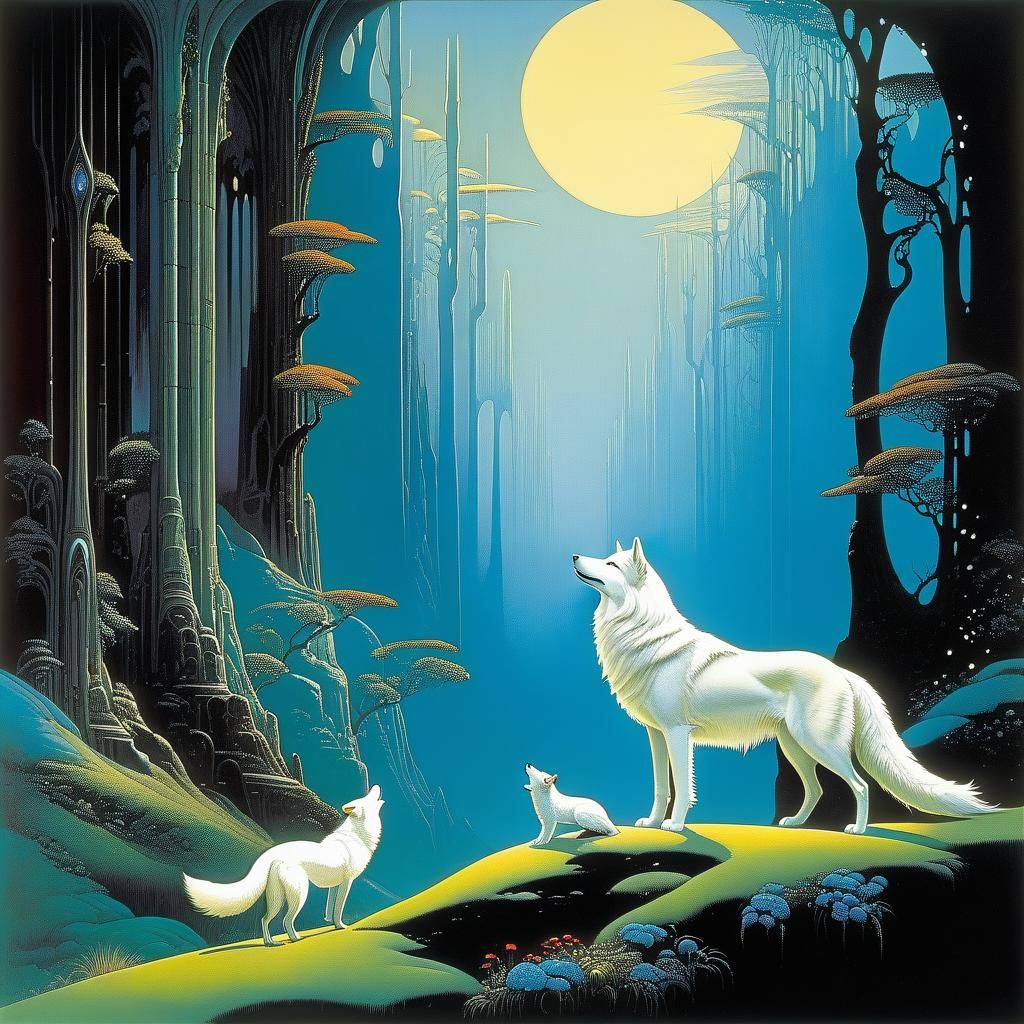 Gothic Woman and White Wolf: Surreal Art Nouveau