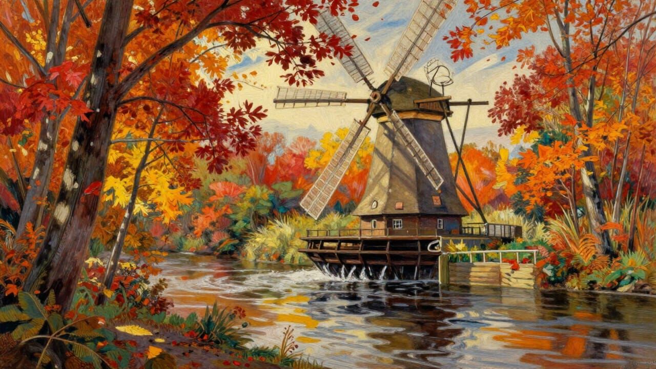 Autumn Watermill Riverbank in Gouache Style