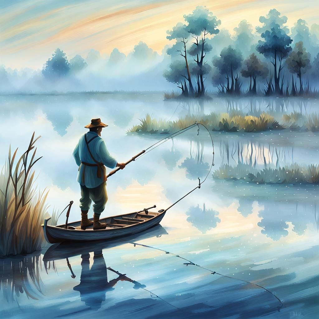 Fisherman Casting Rod on Misty Lake at Dawn