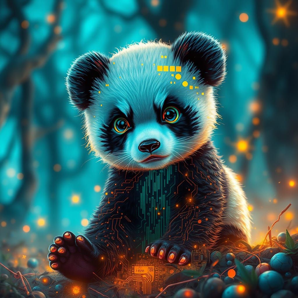 Vibrant Baby Panda in Dreamlike Glitch Art