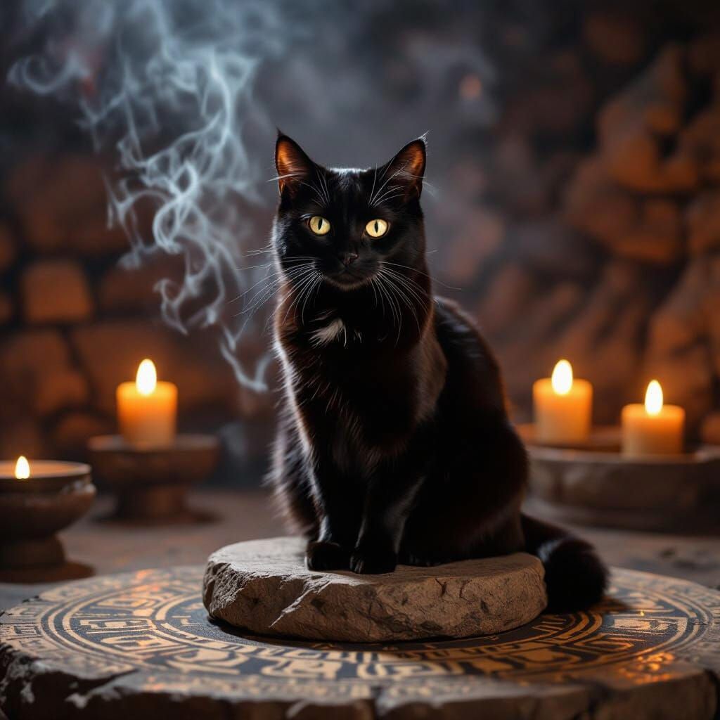 Mysterious Black Cat in Arcane Ritual Circle