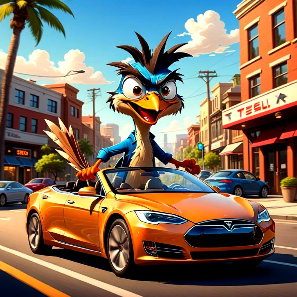 Roadrunner Speeds Down Desert Highway in a Tesla Convertible