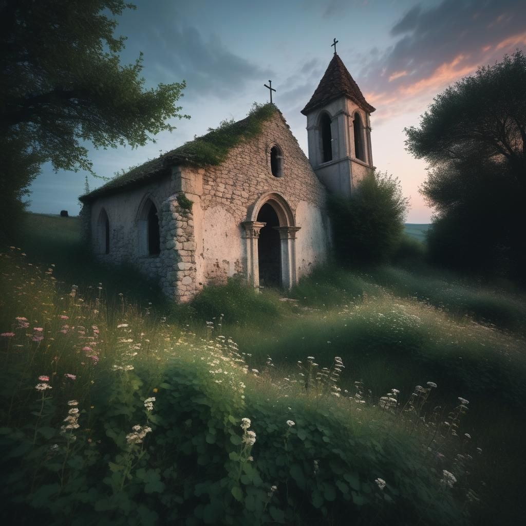 Romantic Ruined Chapel at Dawn in Chiaroscuro