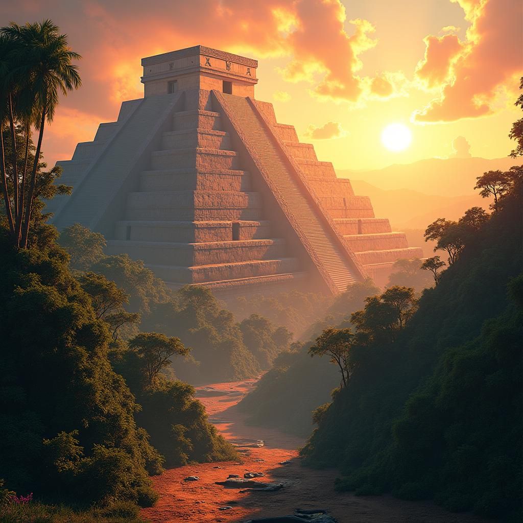 Aztec Temple Cityscape at Sunset