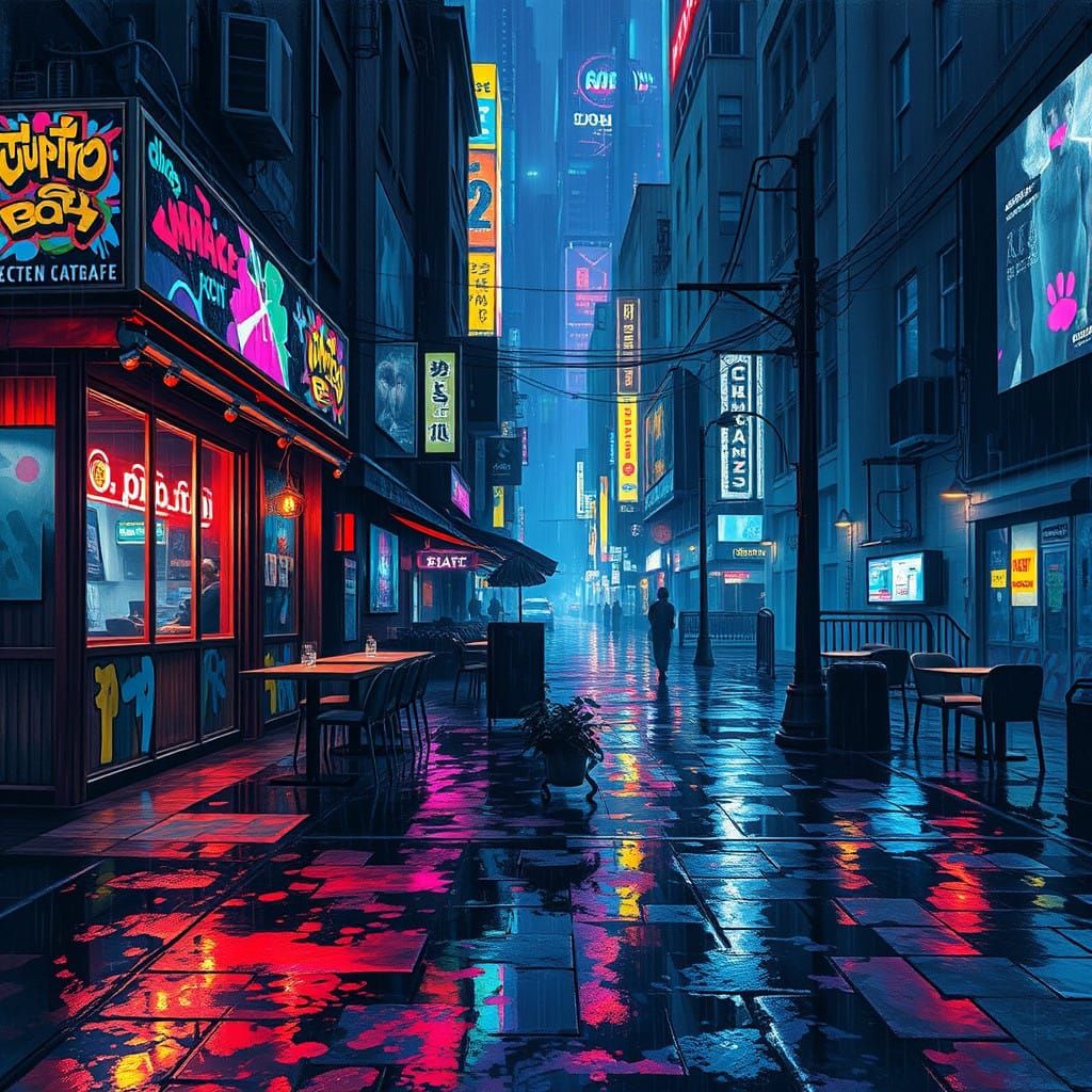 Vibrant Cyberpunk Night Cafe in a Dystopian Cityscape