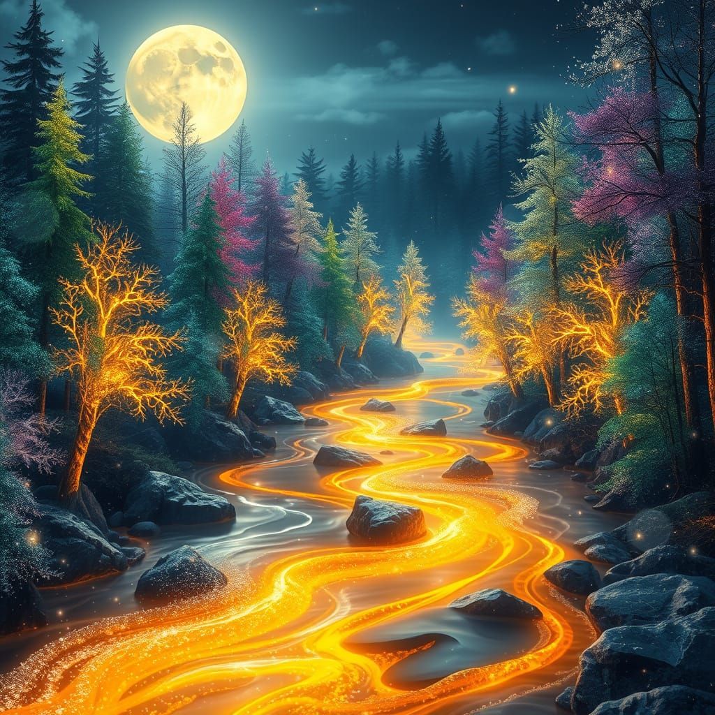 Golden River Through Crystal Forest Under Full Moon